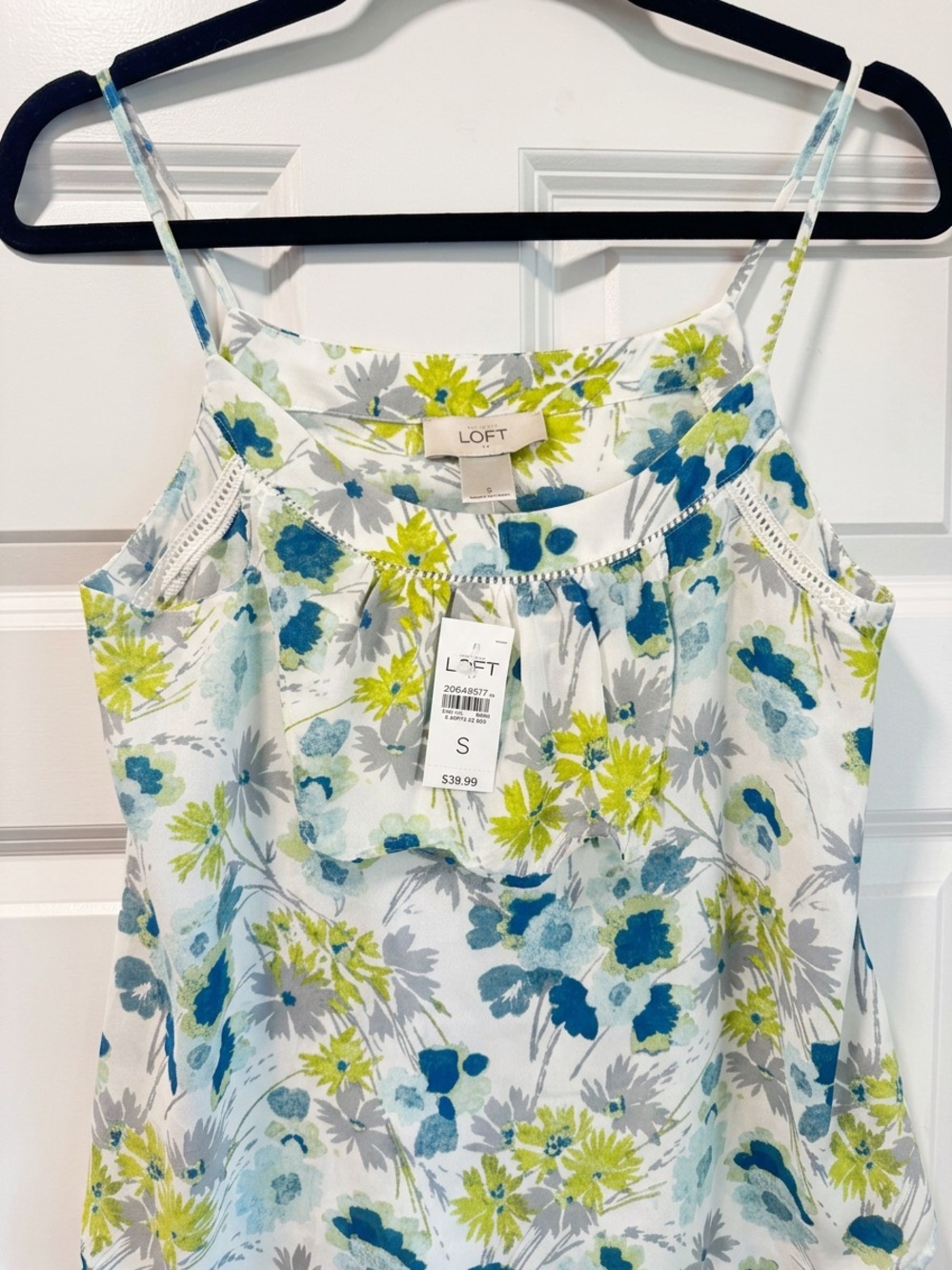 Women’s  Floral Spaghetti Strap Tank Top - White with Blue & Green Floral